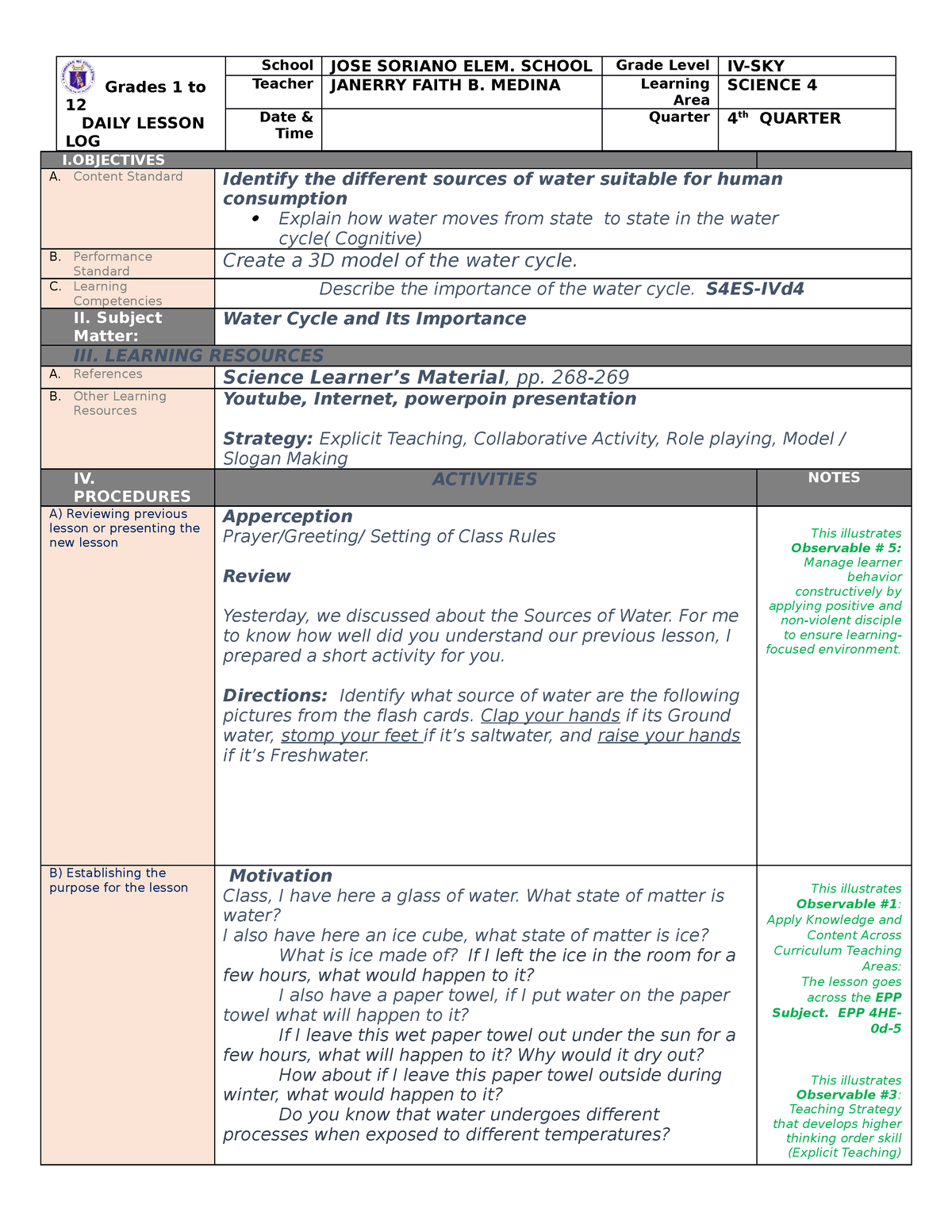 Science Cot - COT PLAN - Grades 1 To 12 DAILY LESSON LOG School JOSE ...