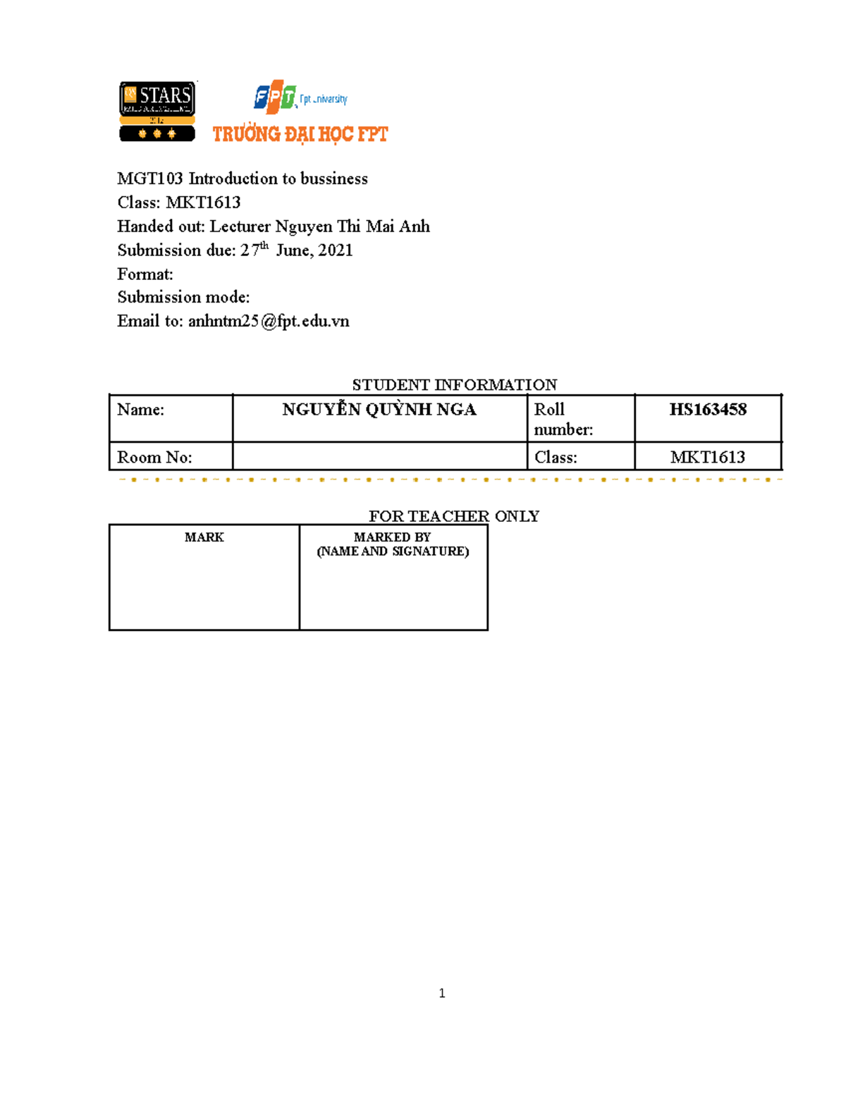 Individual Assignment MGT103 - MGT103 Introduction To Bussiness Class ...