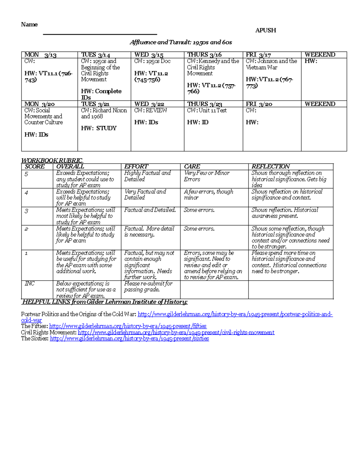 Unit 11 Ids Apush - Homework - Name APUSH Affluence and Tumult: 1950s ...