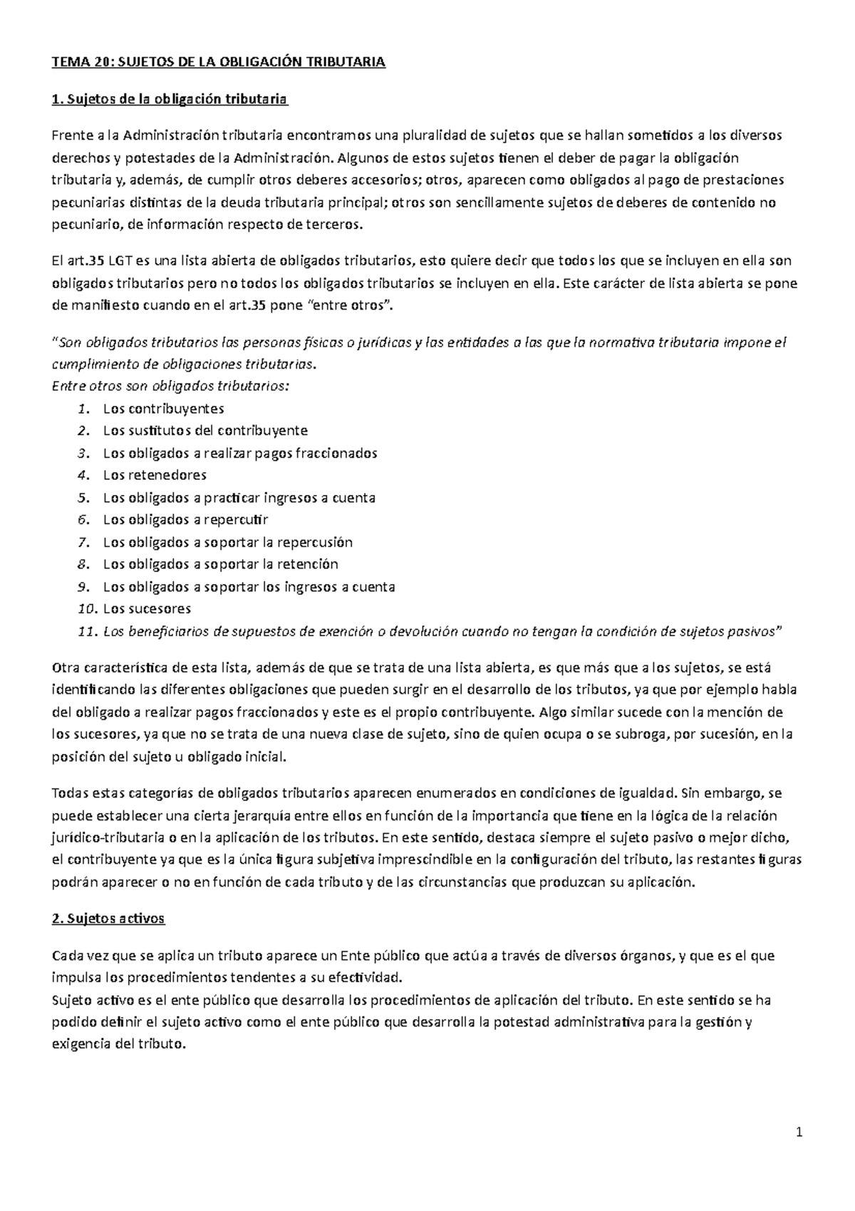 Tema 20 tributario - TEMA 20: SUJETOS DE LA OBLIGACIÓN TRIBUTARIA 1 ...