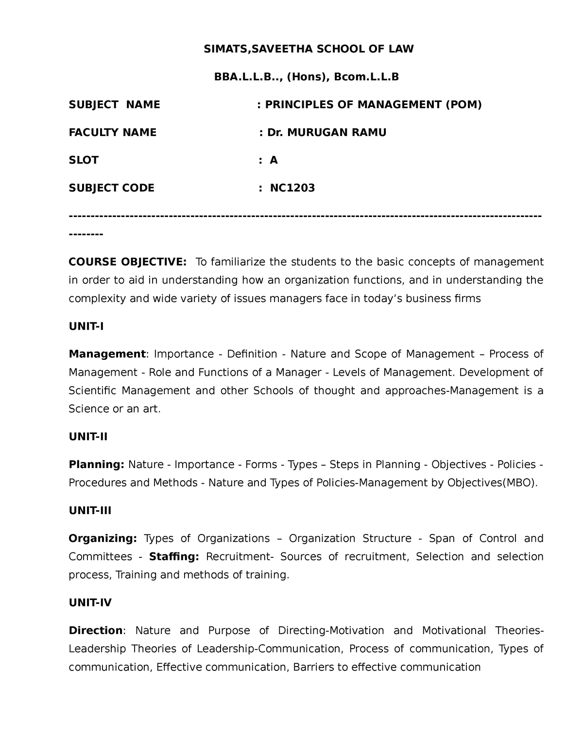 Principles of Management -syllabus - SIMATS,SAVEETHA SCHOOL OF LAW BBA ...