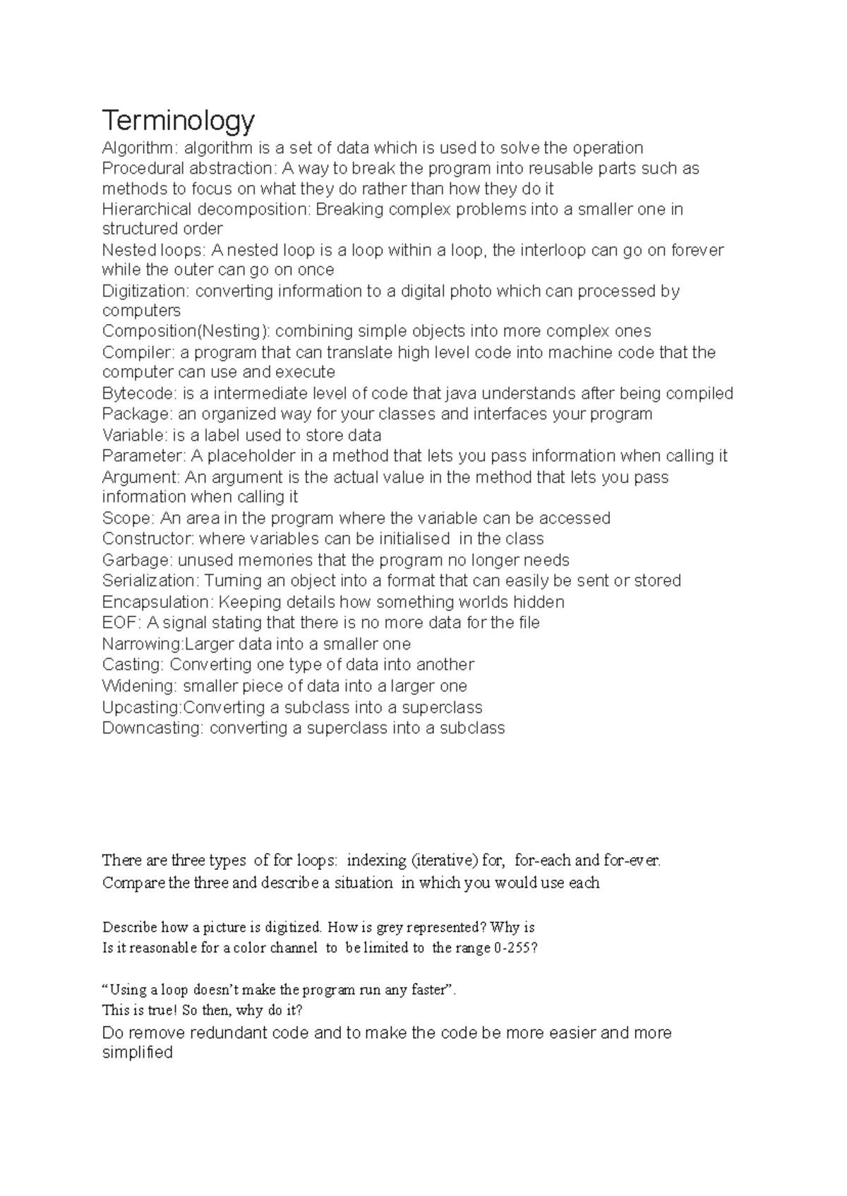 1p02 study sheet - key notes - Terminology Algorithm: algorithm is a ...