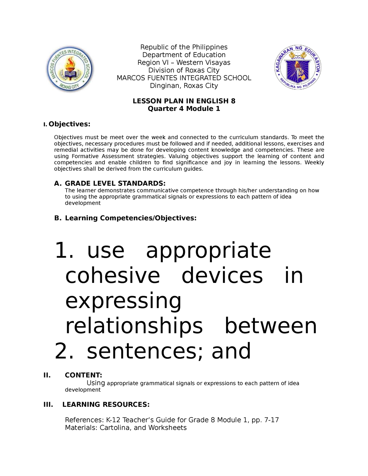 Lesson Plan Q4 M1 Republic Of The Philippines Department Of Education Region Vi Western