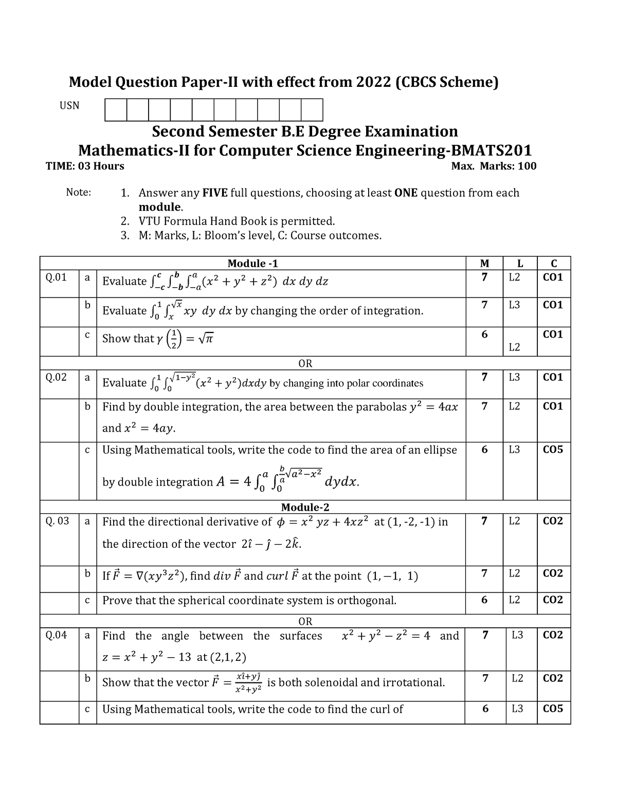 Solution To Model QP-2 ( Bmats 201) - Model Question Paper-II With ...