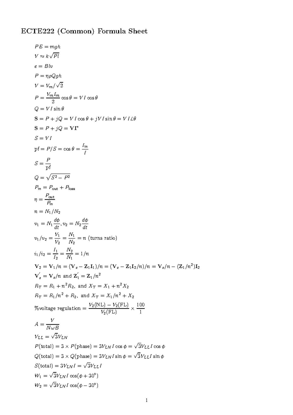 Formula Sheet Ecte222 Common Formula Sheet Mgh Blv Qgh Vm Vm Imcos Icos Isin Jq Icos Jv Isin Jq Vi Pf Cos Iiin Ppf Pin Pout Ploss Ppoutin Dt Dt Vv 21