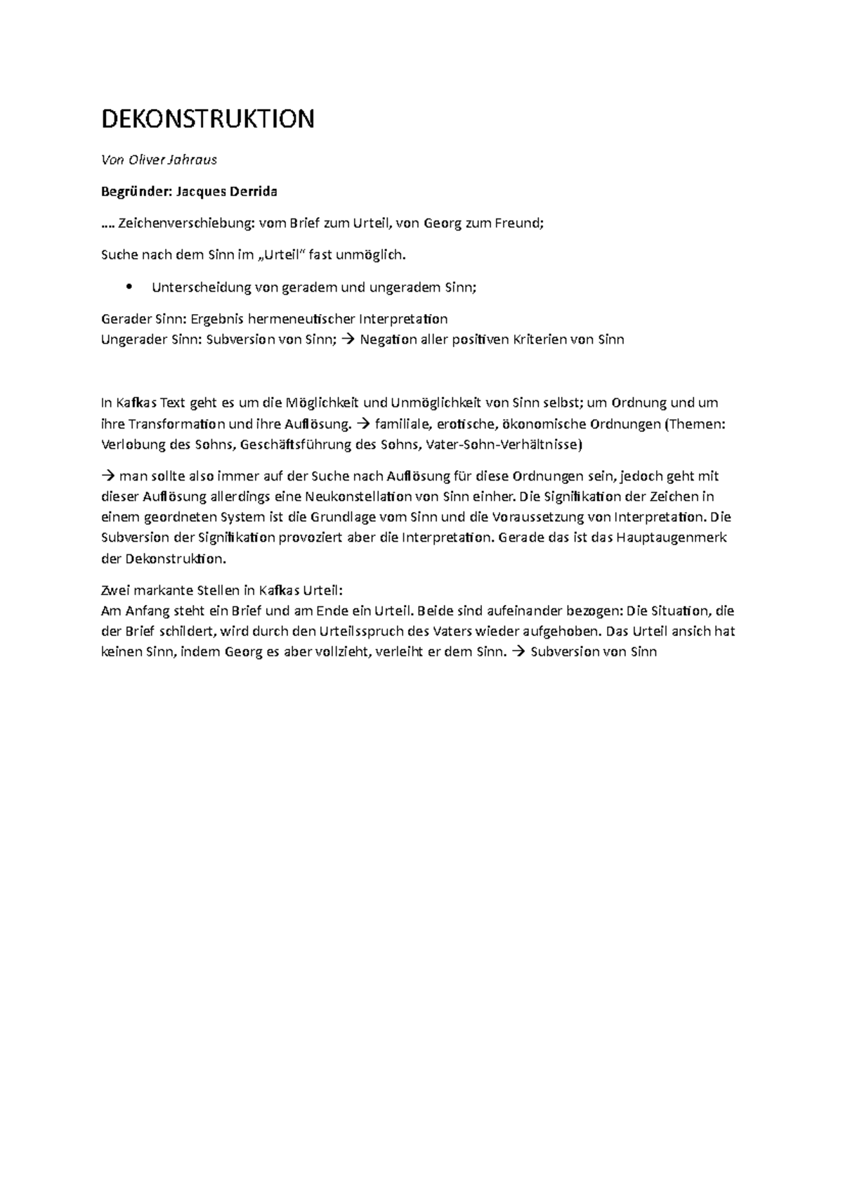 Kafka Das Urteil Zusammenfassung Dekonstruktion nach Kafkas Urteil - DEKONSTRUKTION Von Oliver Jahraus