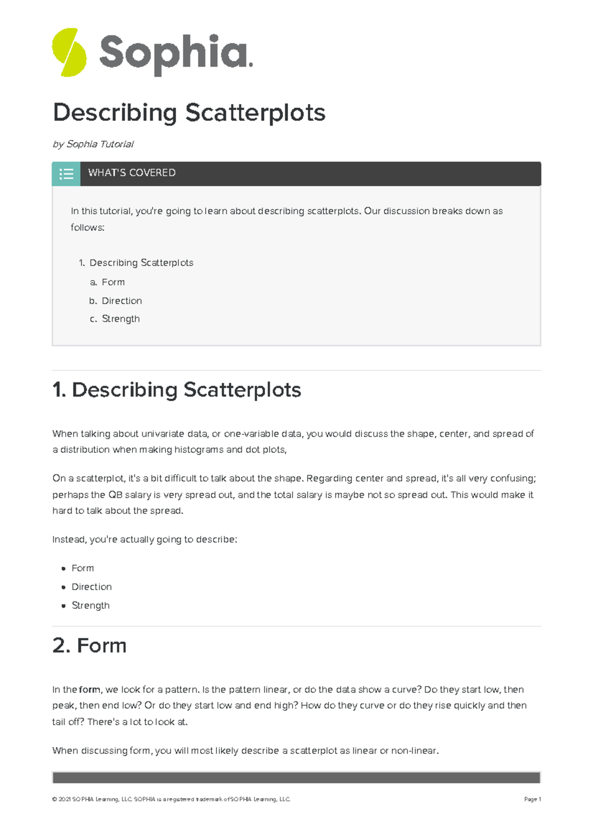 Describing scatterplots (form, direction, strength, outliers