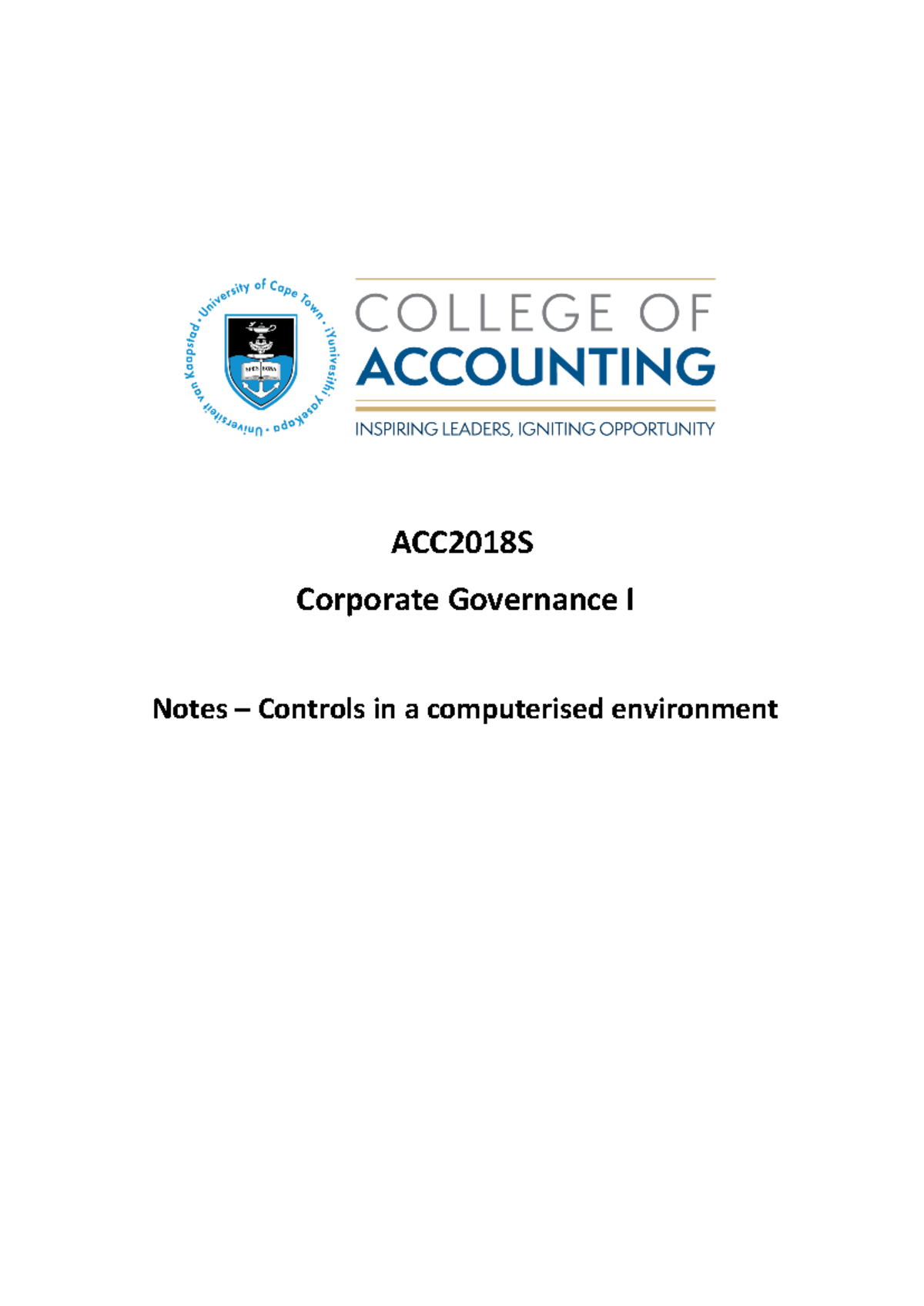 Controls summary - ACC2018S Corporate Governance I Notes – Controls in ...