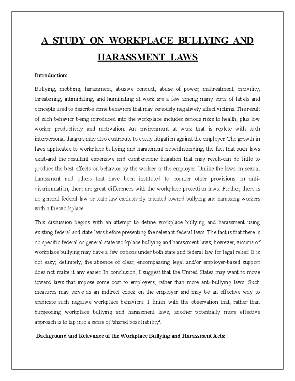 A Study ON Workplace Bullying AND Harassment LAWS - A STUDY ON ...