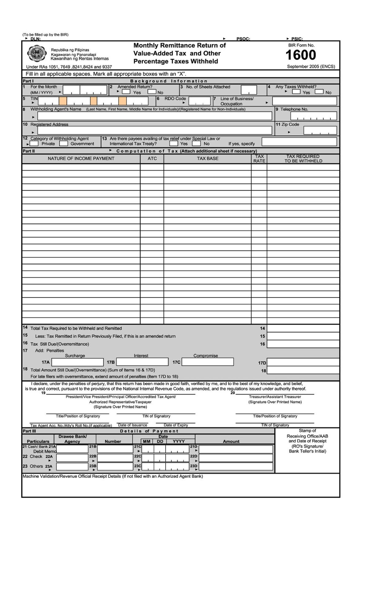 BIR 1600 - BIR SAMPLE FORM - (To be filled up the BIR) DLN: PSOC: PSIC ...