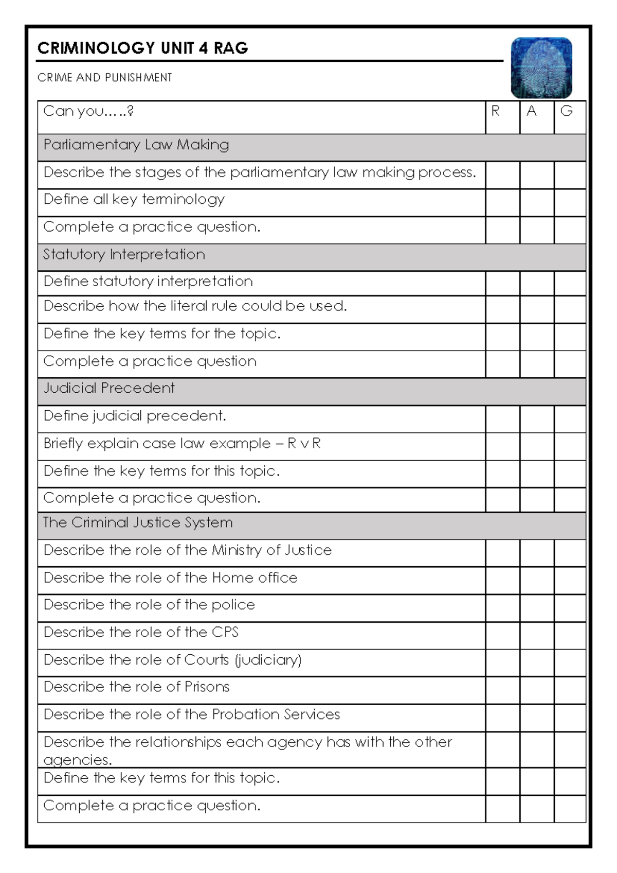 Criminology Unit 4 revision checklist - CRIMINOLOGY UNIT 4 RAG CRIME ...