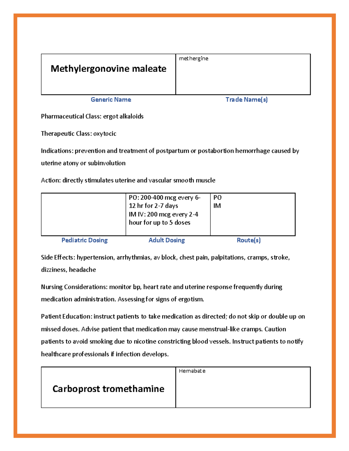 Week 6 OB Medication Cards - Methylergonovine maleate methergine ...