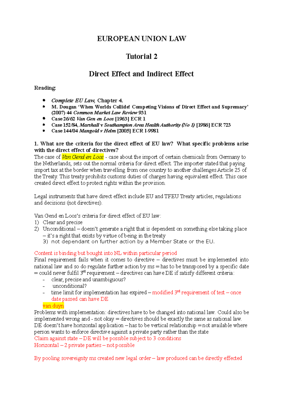 Semester 1 Tutorial 2 - answers - EUROPEAN UNION LAW Tutorial 2 Direct ...