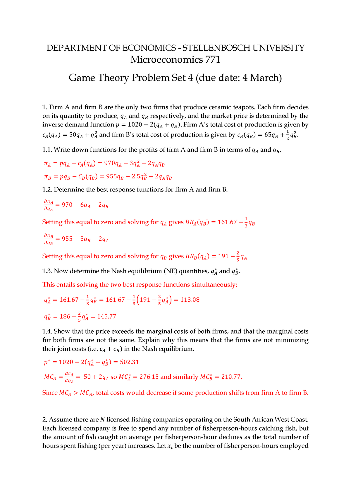 Game Theory 2020- Tutorial 4 - DEPARTMENT OF ECONOMICS - STELLENBOSCH ...