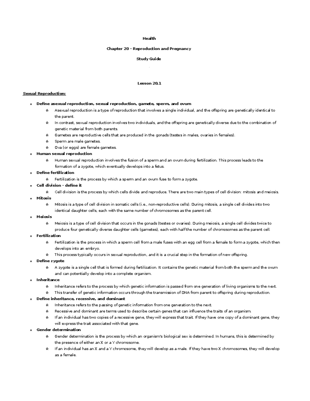 Health - Chapter 20 Study Guide - Health Chapter 20 – Reproduction and ...