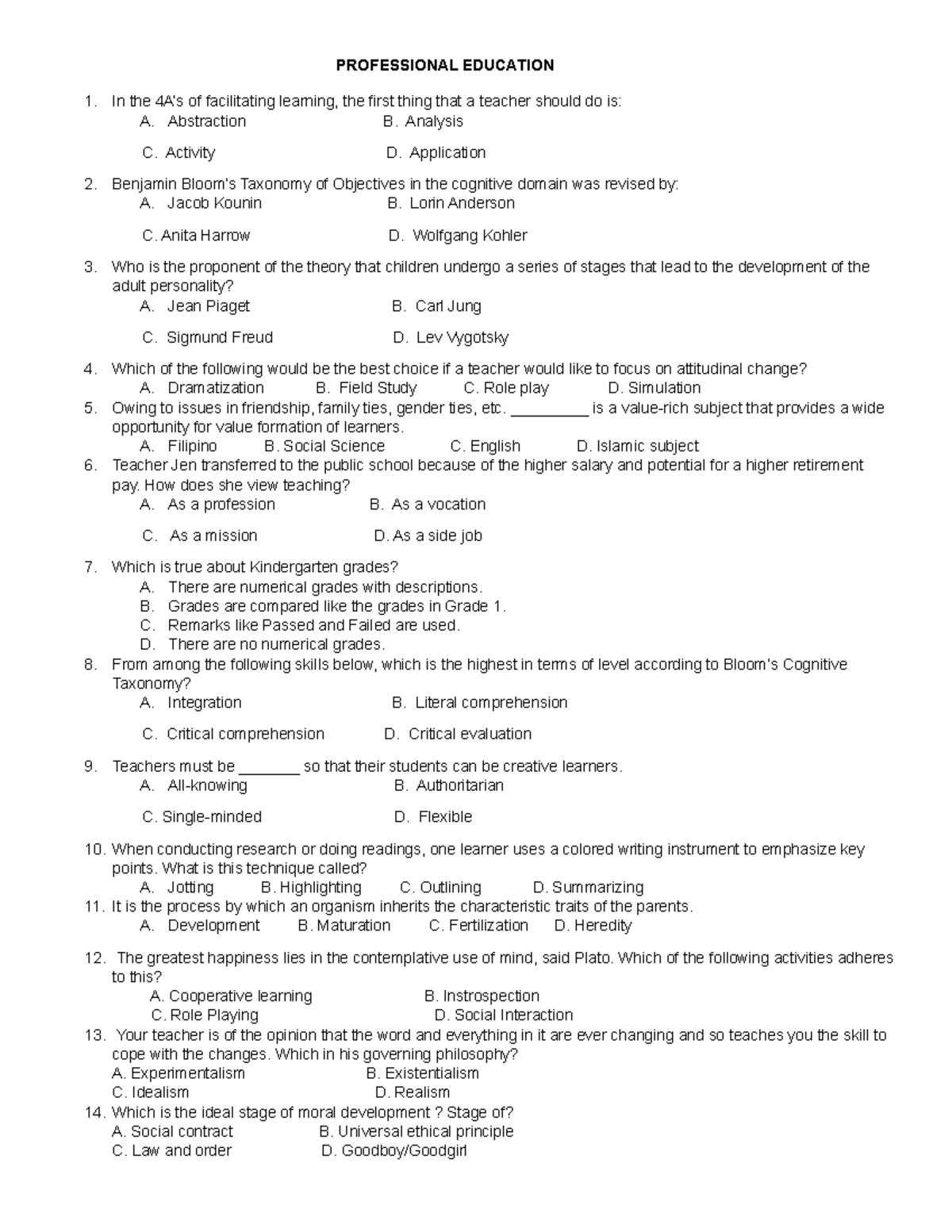 LE- Finals - Questionaire - PROFESSIONAL EDUCATION In the 4A’s of ...