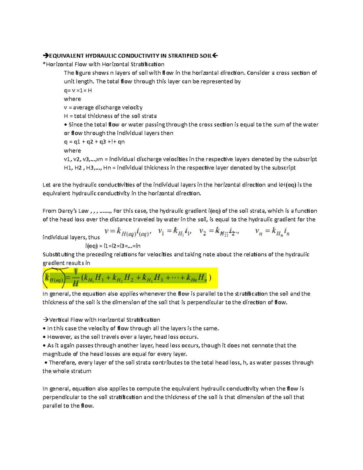 Equivalent Hydraulic Conductivity IN Stratified SOIL EQUIVALENT