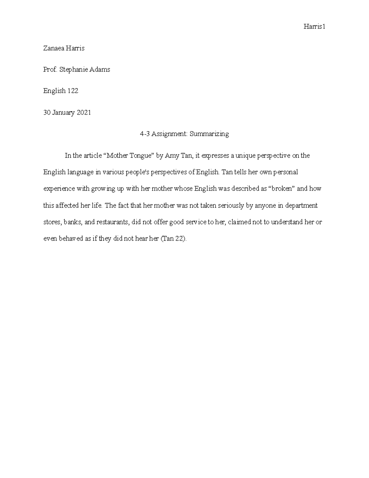 4-3 Assignment Summarizing - Harris Zanaea Harris Prof. Stephanie Adams ...