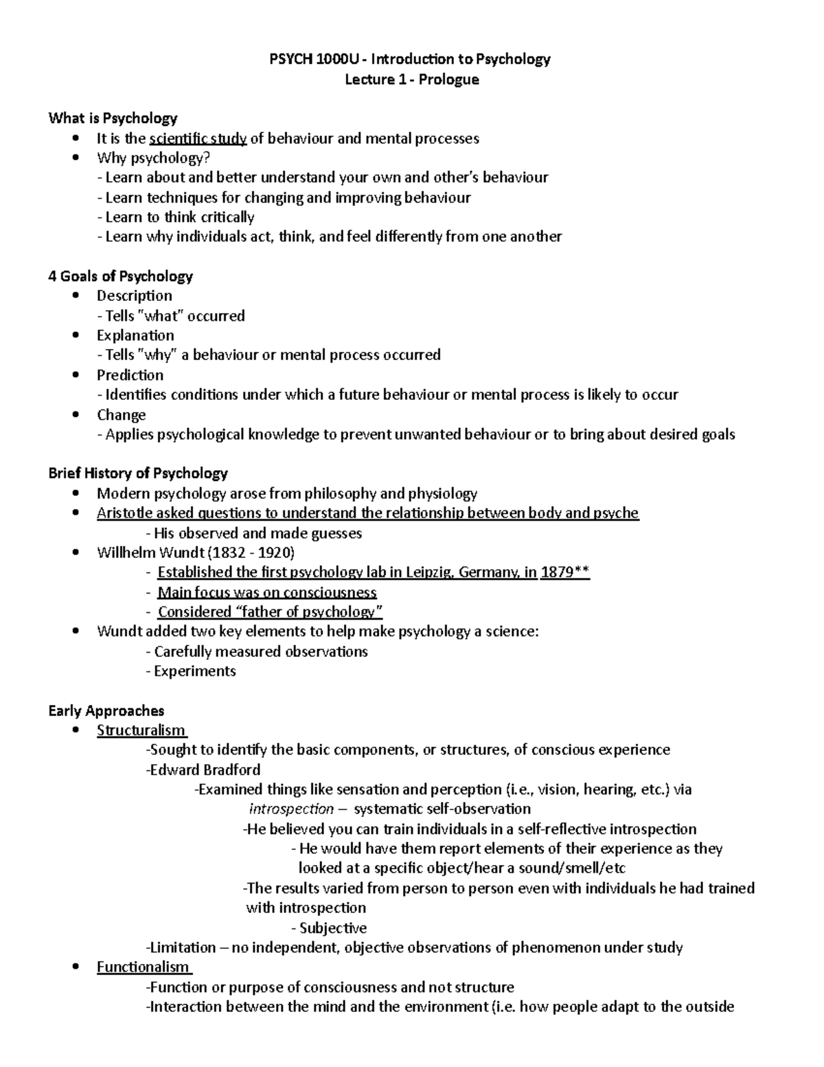 PSYCH 1000 U Lecture 1 - PSYCH 1000U - Introduction To Psychology ...