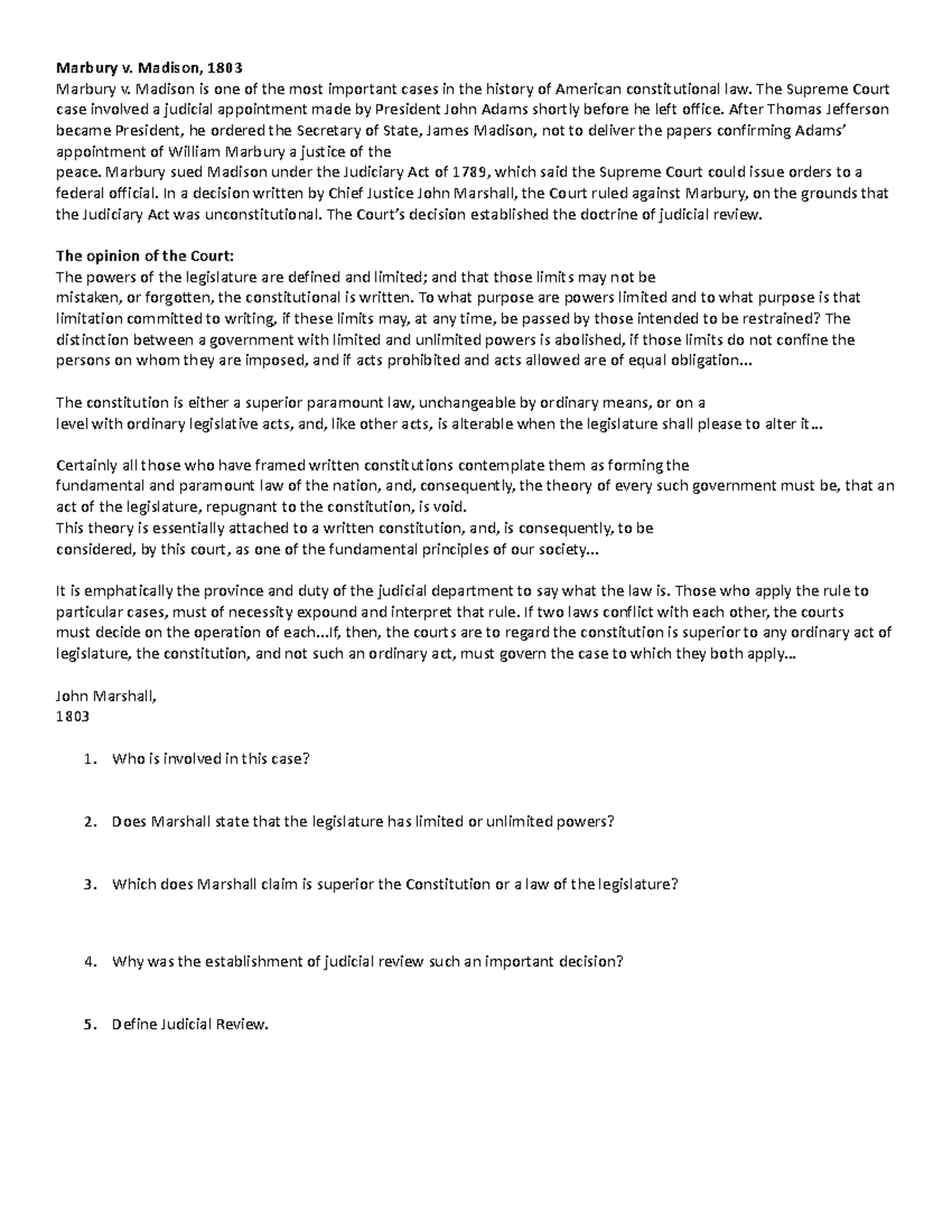 Marbury V Madison Questions Marbury v. Madison, 1803 Marbury v