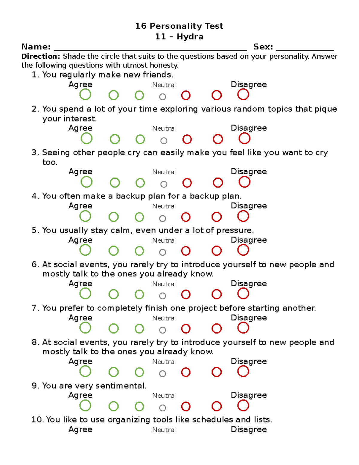 16 Personality Test - 16 Personality Test 11 – Hydra Name: - Studocu