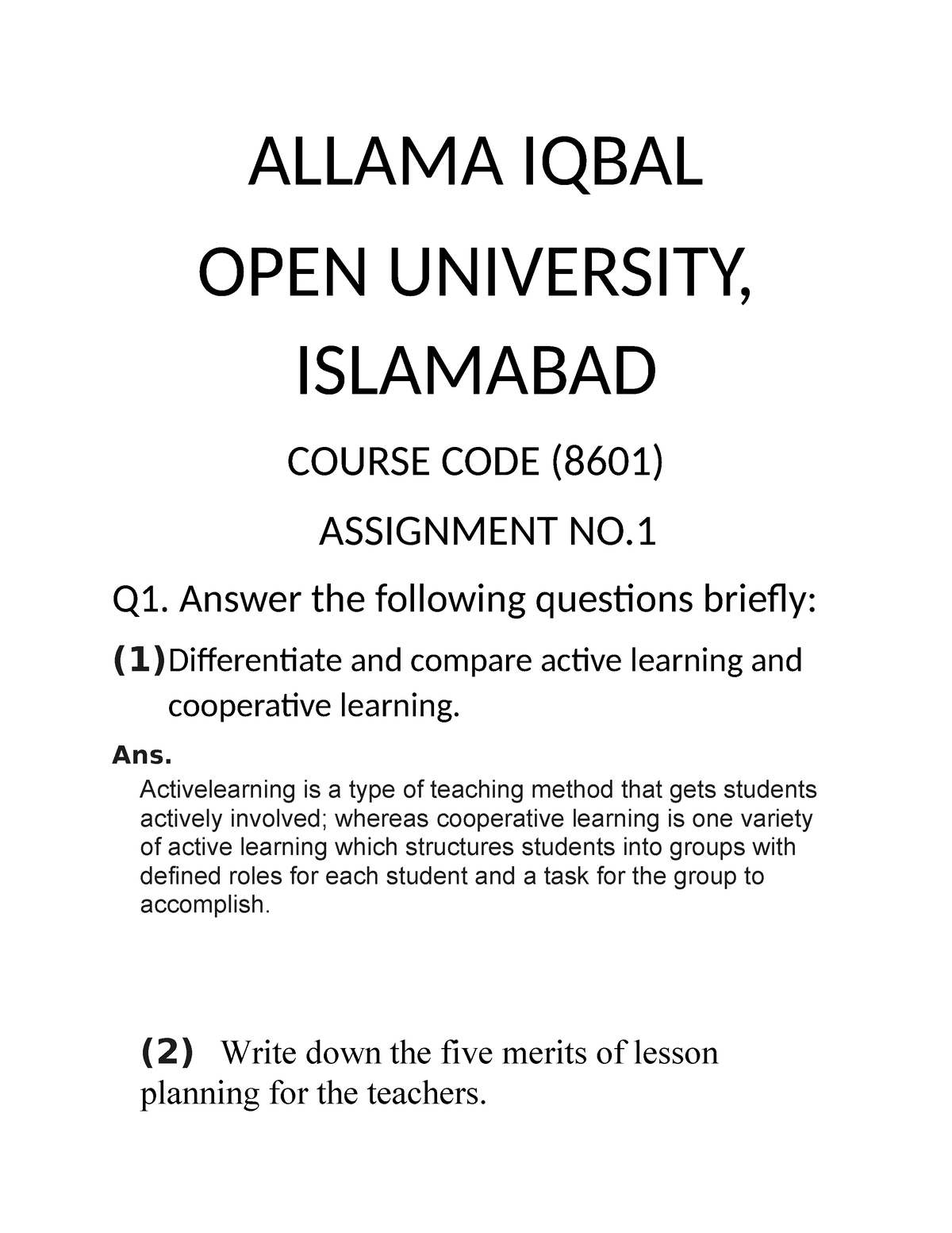 allama iqbal open university assignment 8601