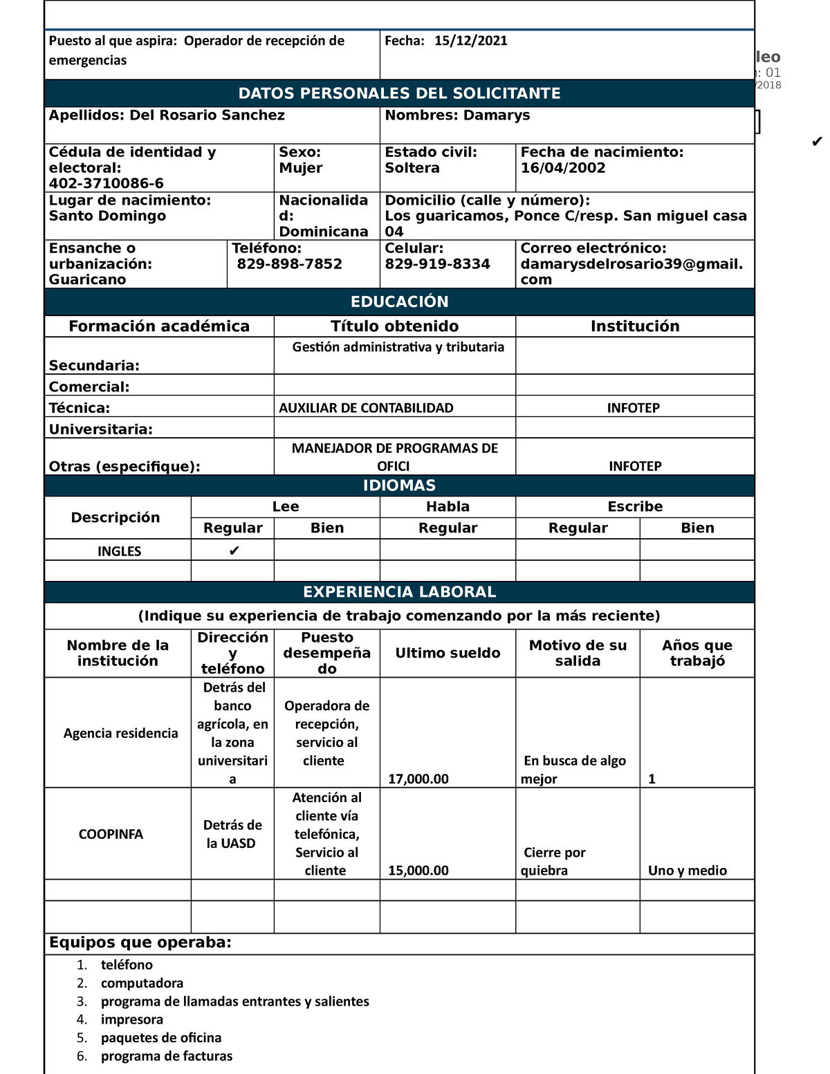 Formulario Solicitud Empleo SNS DGH FO 001 V1 - Formulario De Solicitud ...