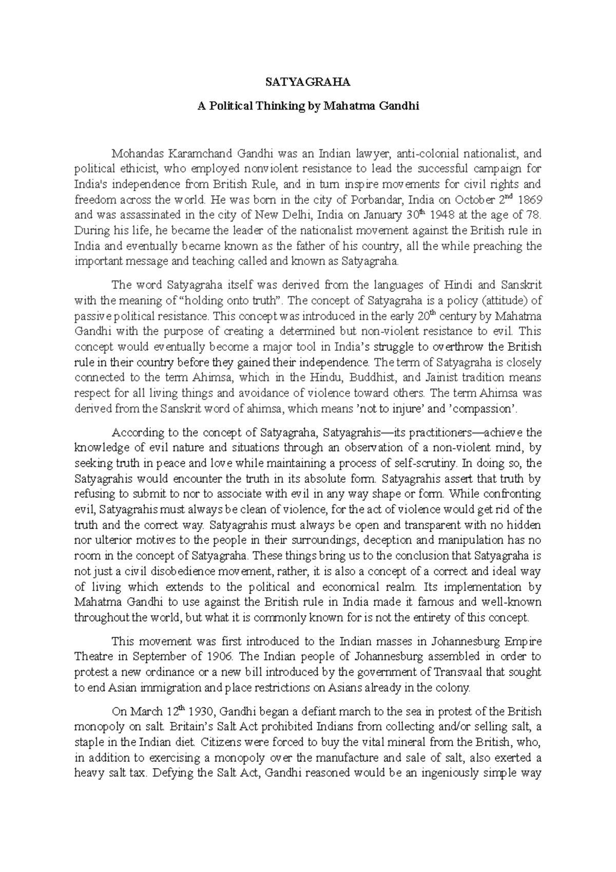 essay on gandhiji satyagraha