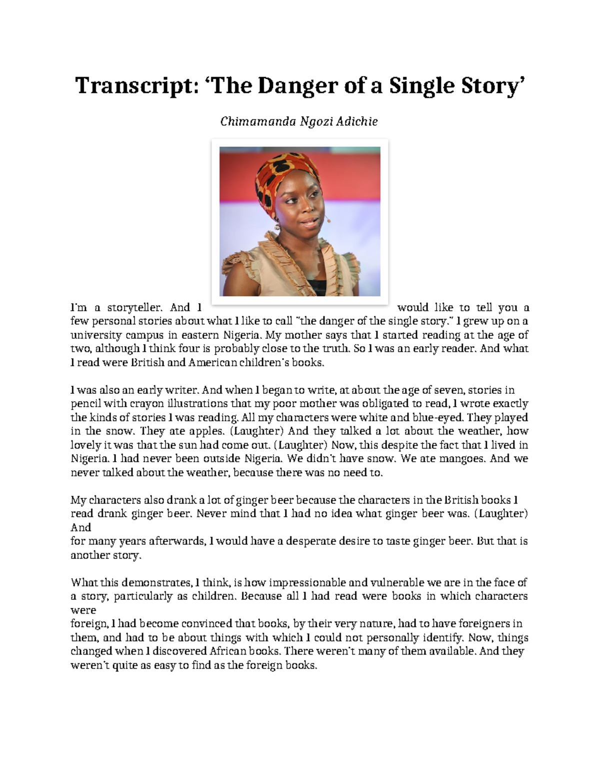 Transcript - The Danger of a Single Story - Transcript: ‘The Danger of ...