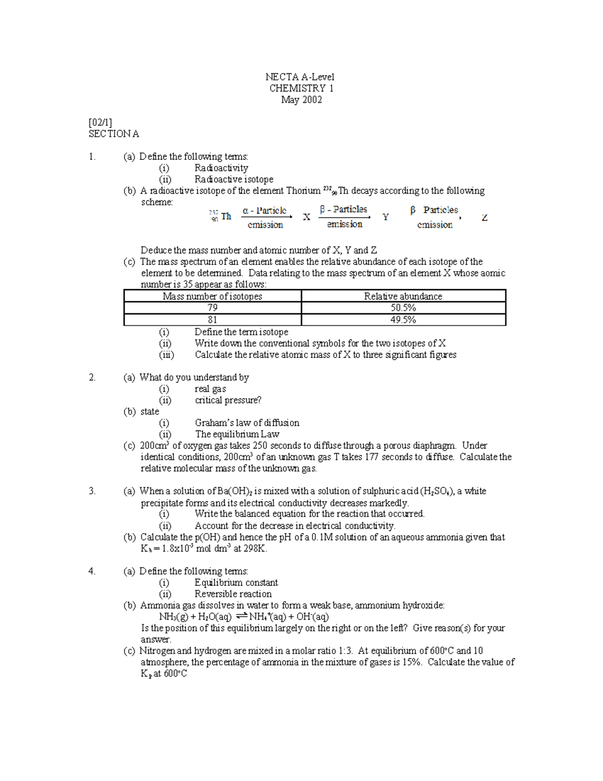 Necta A Level Chemistry 1 - Necta A-level Chemistry 1 May 2002 [02 1 