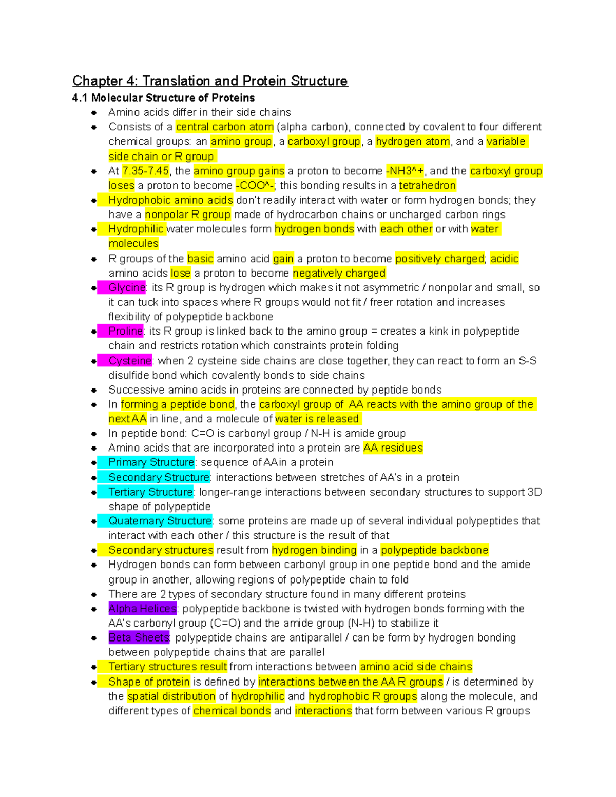 BIOL 1115 Chapter 4 Notes - Chapter 4: Translation and Protein ...