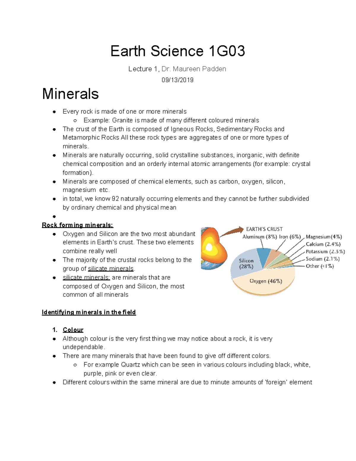 Minerals - Lecture notes Entire Unit - Earth Science 1G Lecture 1, Dr ...