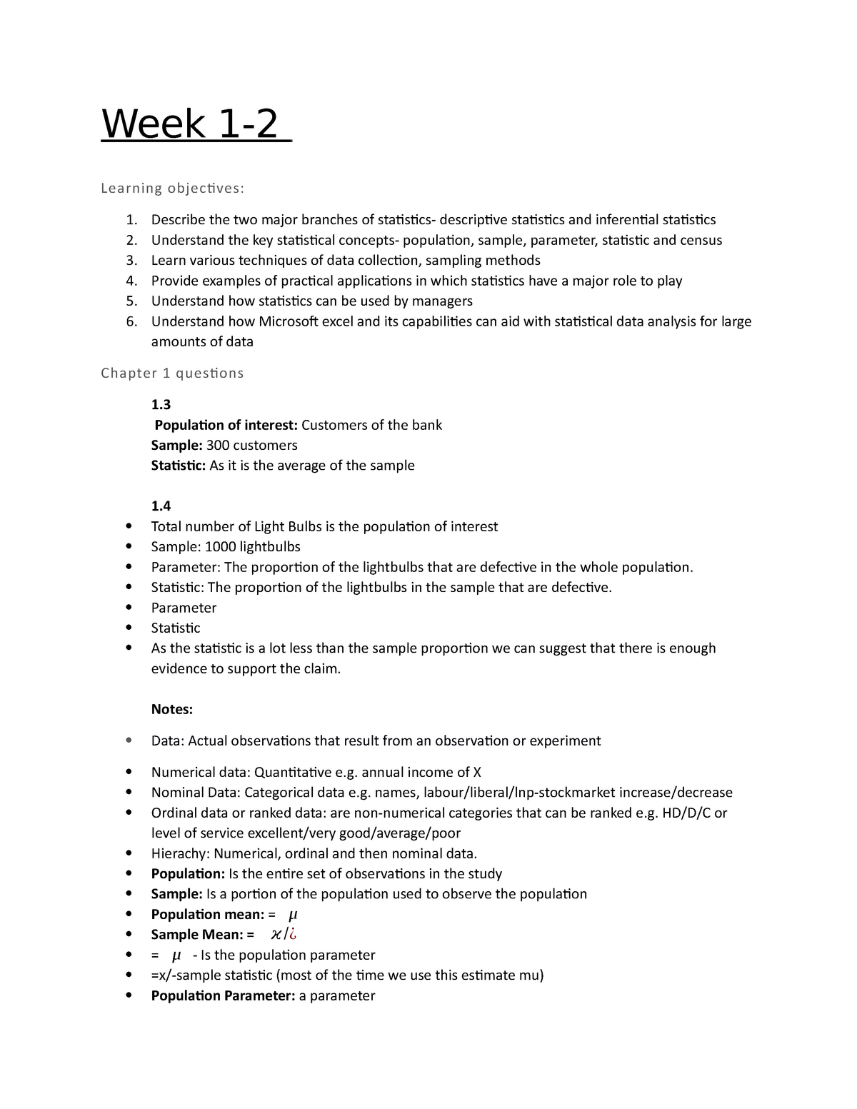 Business Notes - Topics 1-4 - Week 1- Learning objectives: Describe the ...