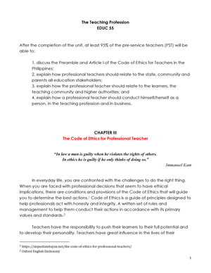 Chapter Iii The Code Of Ethics For Professional Teacher Part I The Teaching Profession Educ 55 Studocu