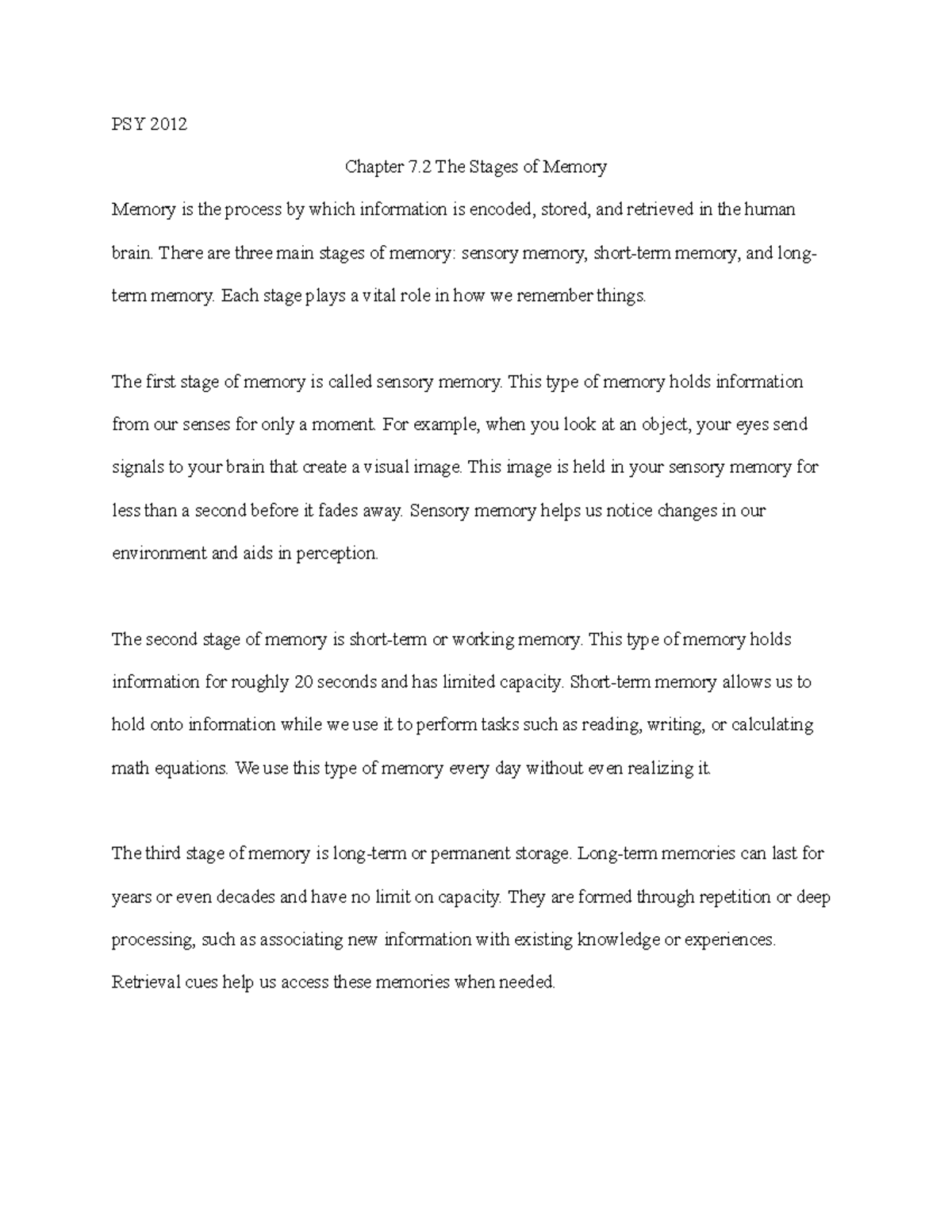Chapter 7.2 The Stages of Memory - PSY 2012 Chapter 7 The Stages of ...