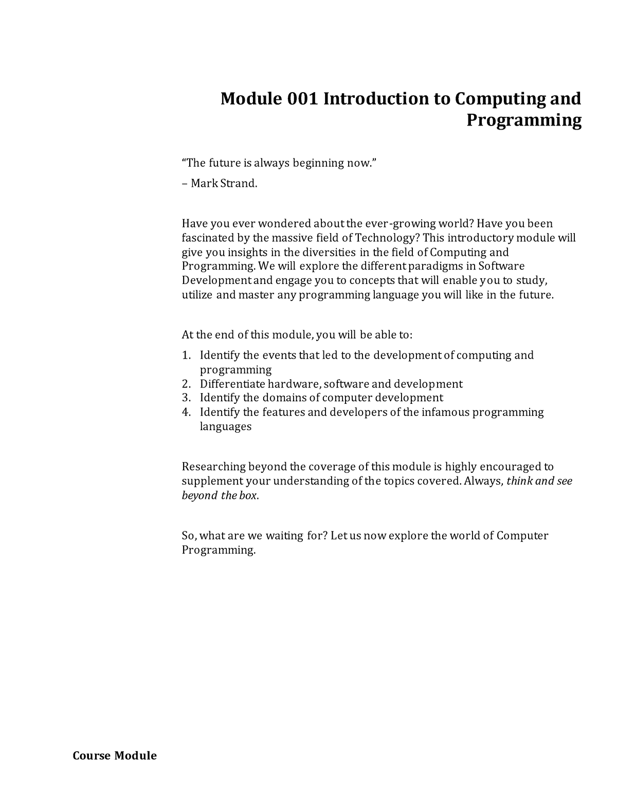 W1-Module- Introduction To Computing And - Course Module Module 001 ...