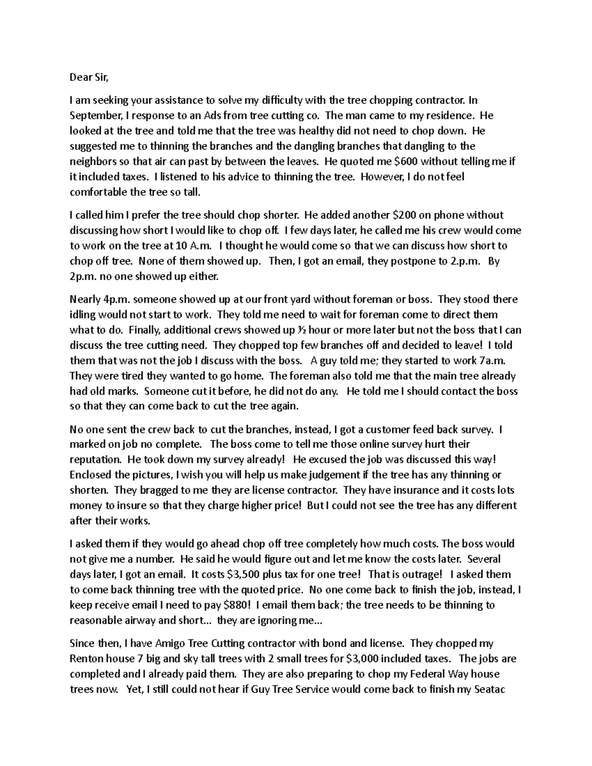Guy tree service letter example - Dear Sir, I am seeking your ...