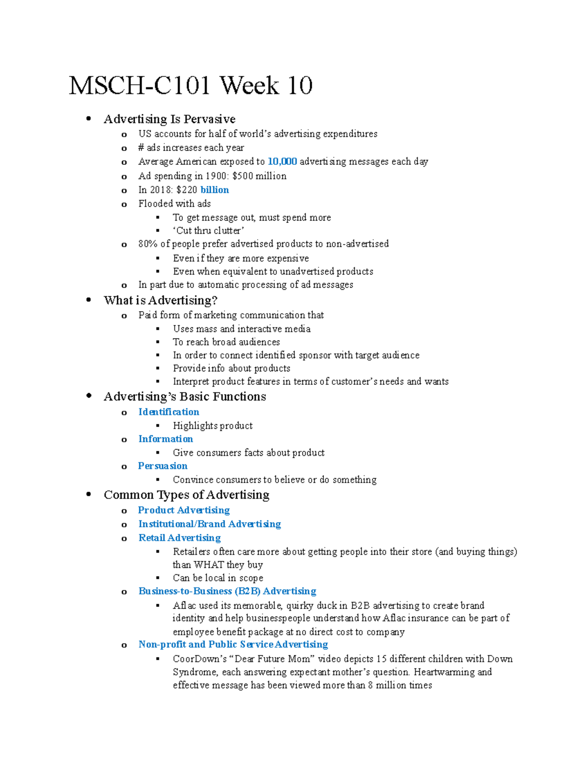 MSCH-C101 Week 10 - Notes over Week 10 - MSCH-C101 Week 10 Advertising ...