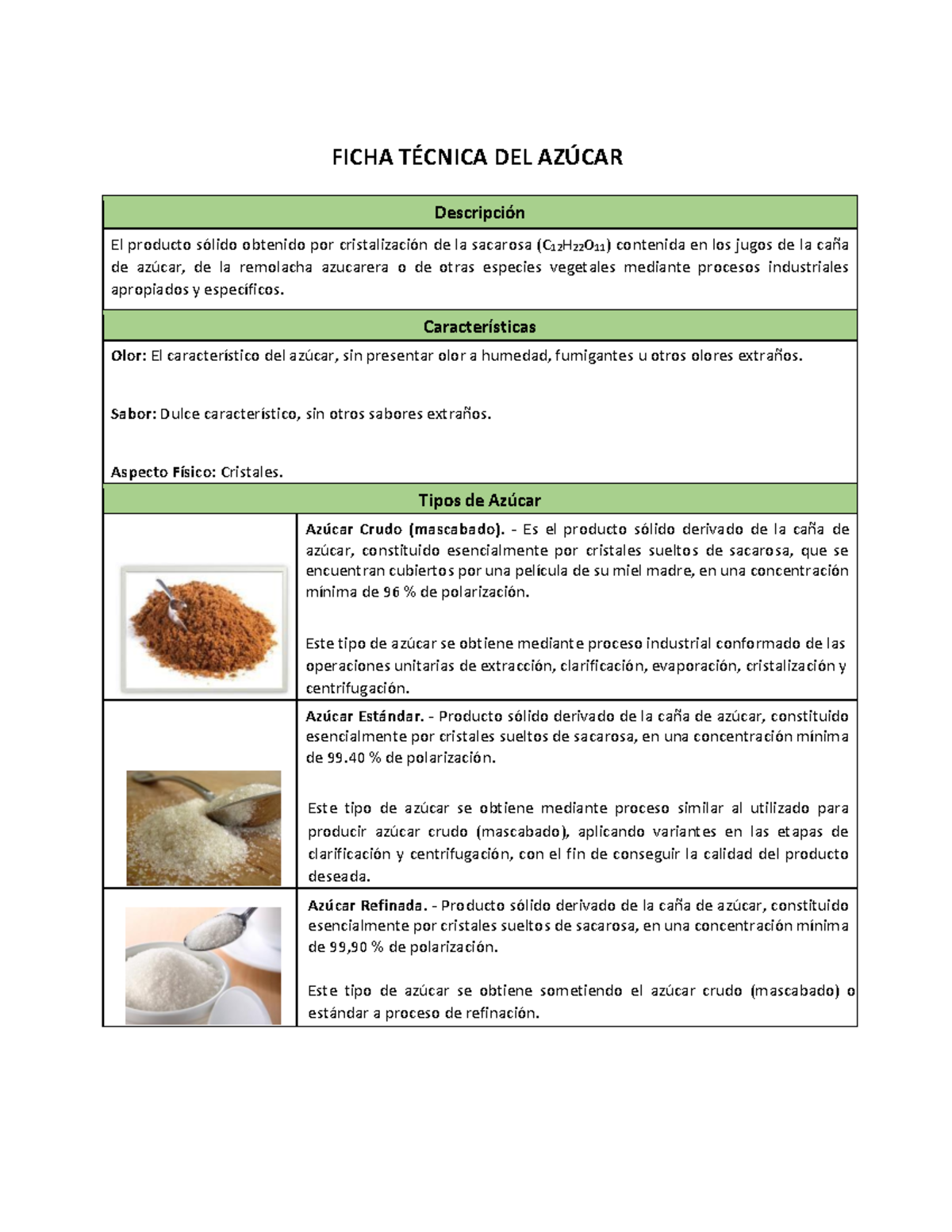 Ficha Tecnica del Azucar GL - FICHA TÉCNICA DEL AZÚCAR Descripción El ...