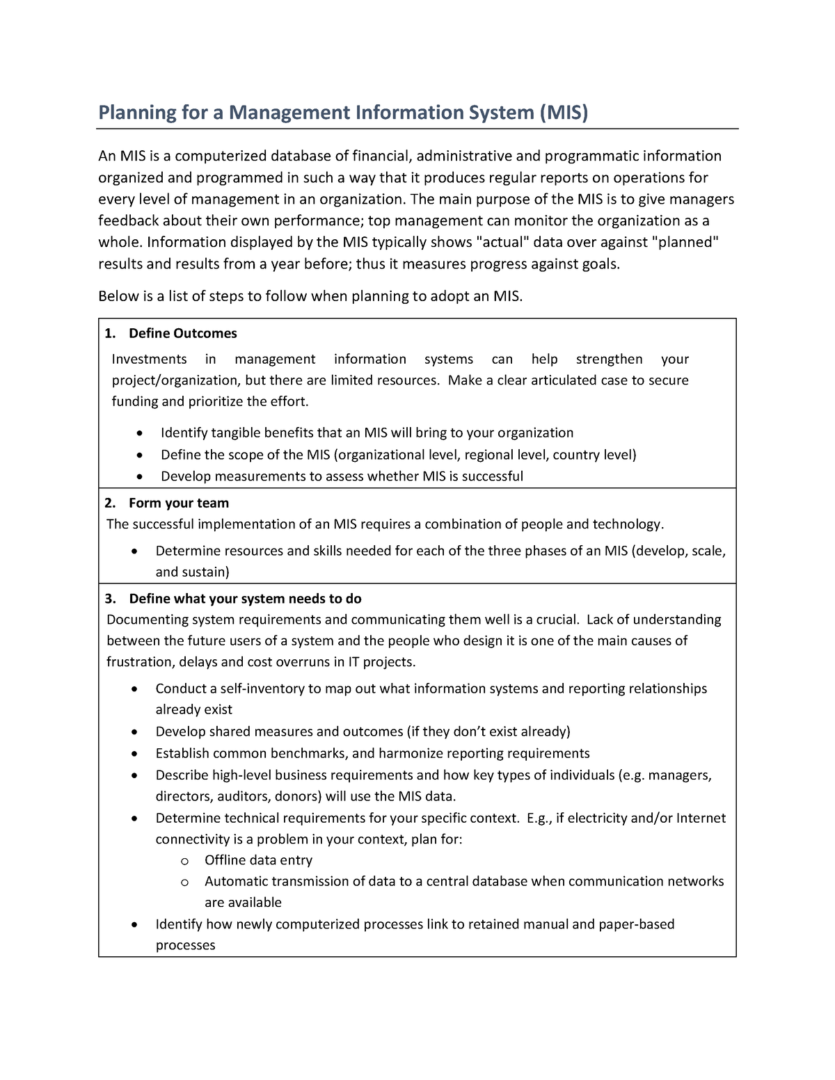 3B MIS Checklist Planning For A Management Information System MIS 