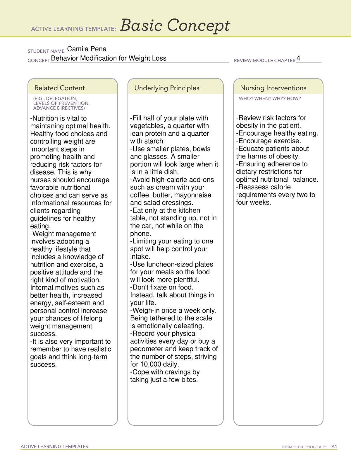 Behavior modification for weight loss - NUR2310 - ACTIVE LEARNING ...