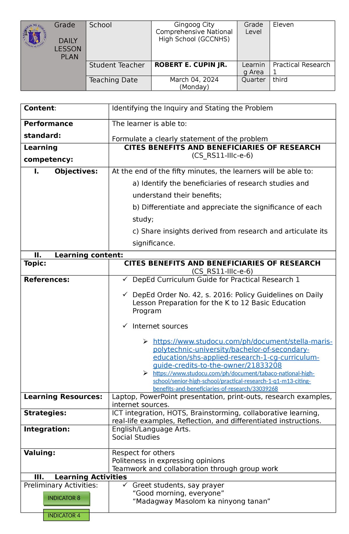 Final DEMO LP - INDICATOR 4 Grade 11 DAILY LESSON PLAN School Gingoog ...