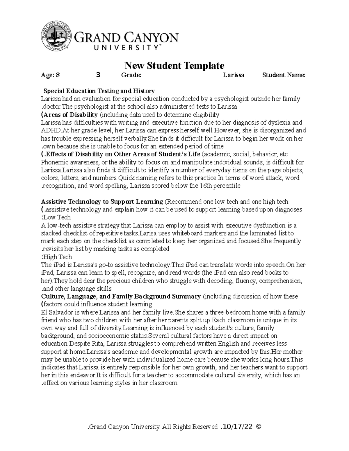 SPD 200 RS New Student Template - New Student Template Age: 8 3 Grade ...