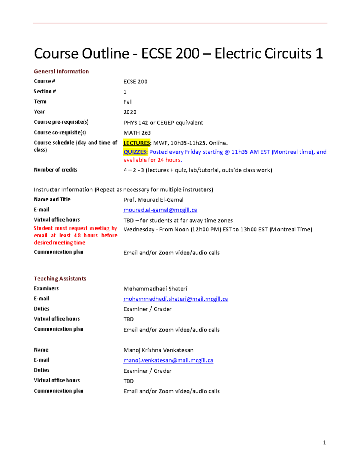 Course Outline - ECSE 200 - Sep 10th 2020 - Course Outline - ECSE 200 ...