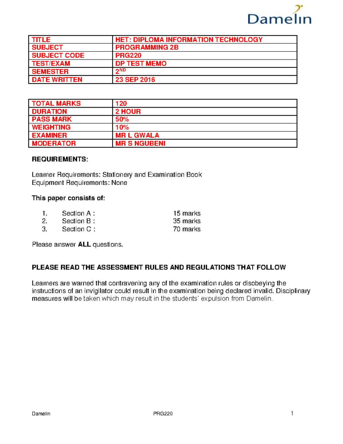 Programming 2B Test Memo - TITLE HET: DIPLOMA INFORMATION TECHNOLOGY ...