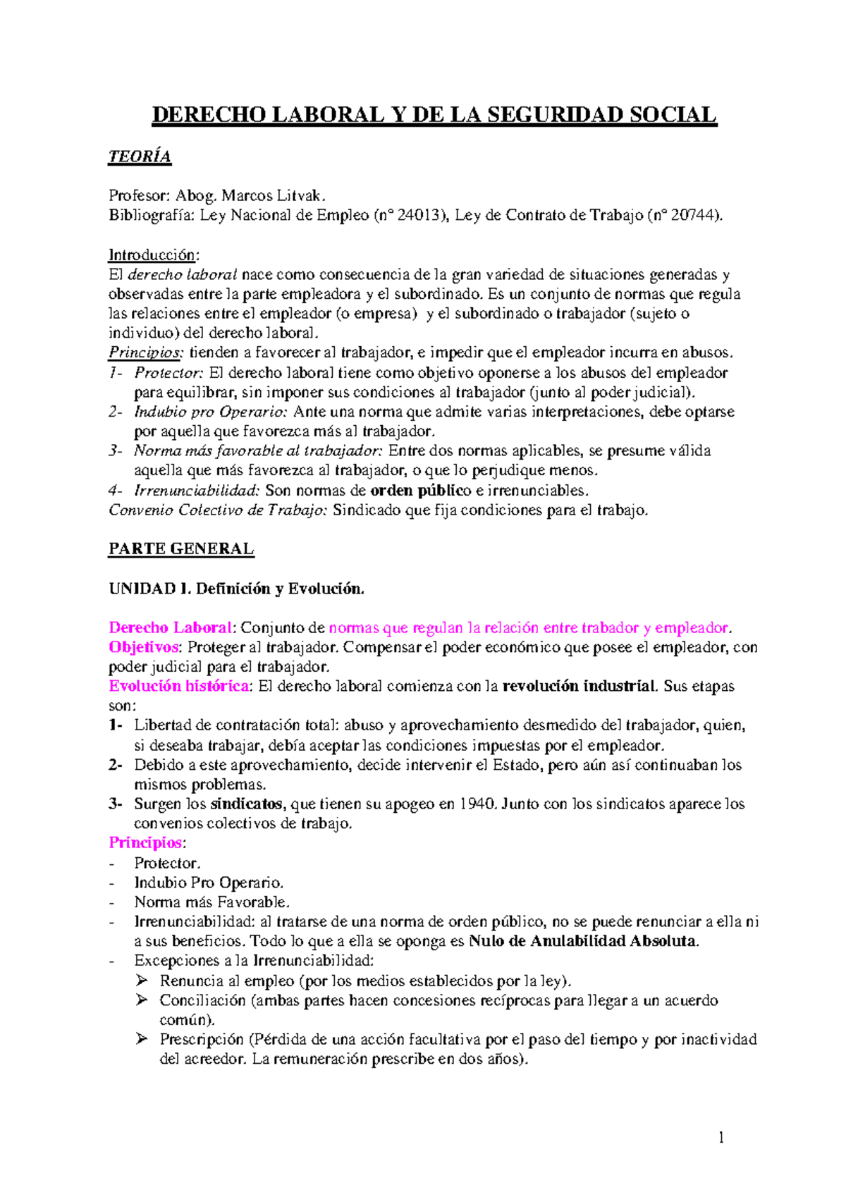 Resumen Profesor Litvak 2018 - DERECHO LABORAL Y DE LA SEGURIDAD SOCIAL ...