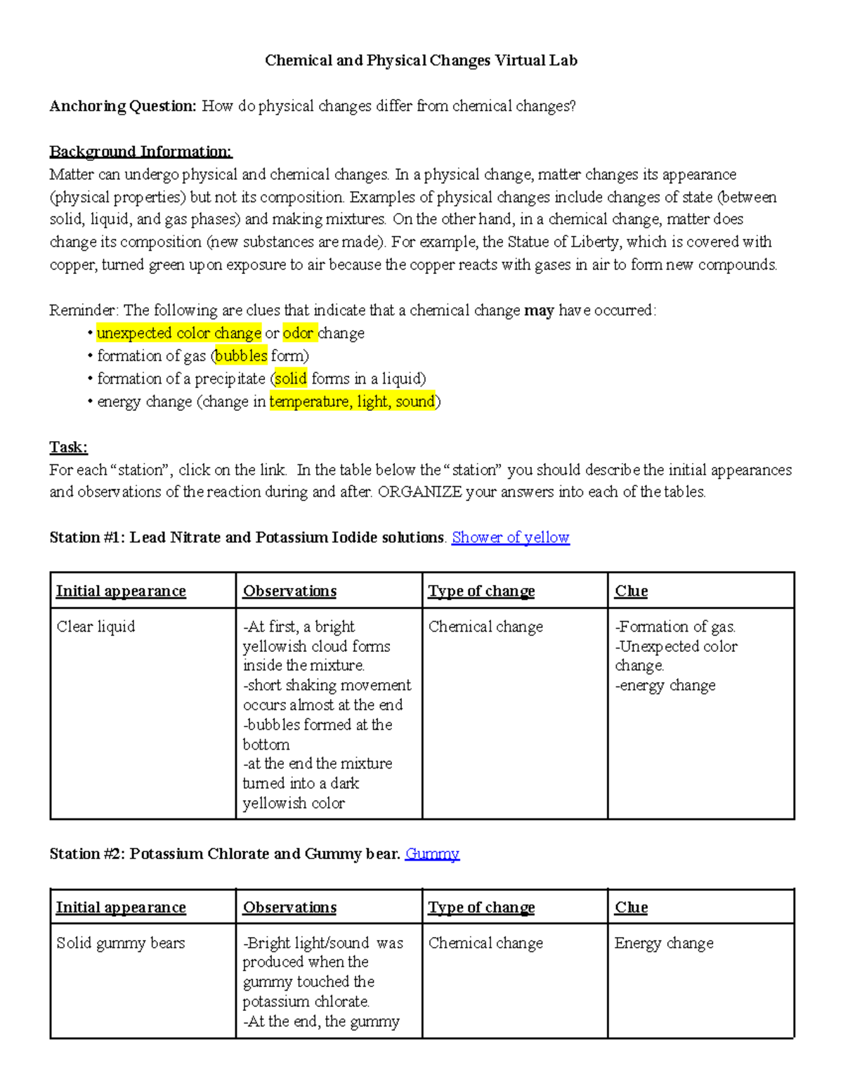 Chelsea Flores Chemical and Physical Changes Virtual Lab Chemical
