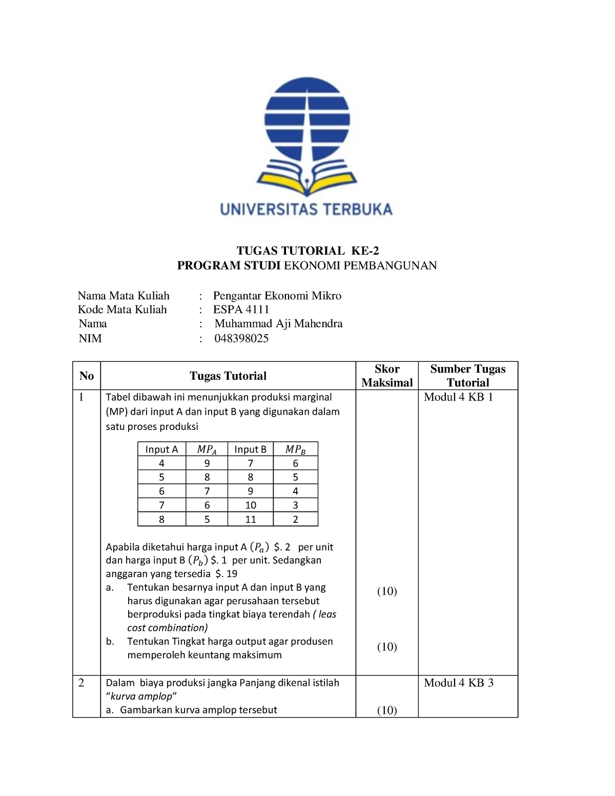 Tugas 2 Ekonomi Mikro - TUGAS TUTORIAL KE- 2 PROGRAM STUDI EKONOMI ...