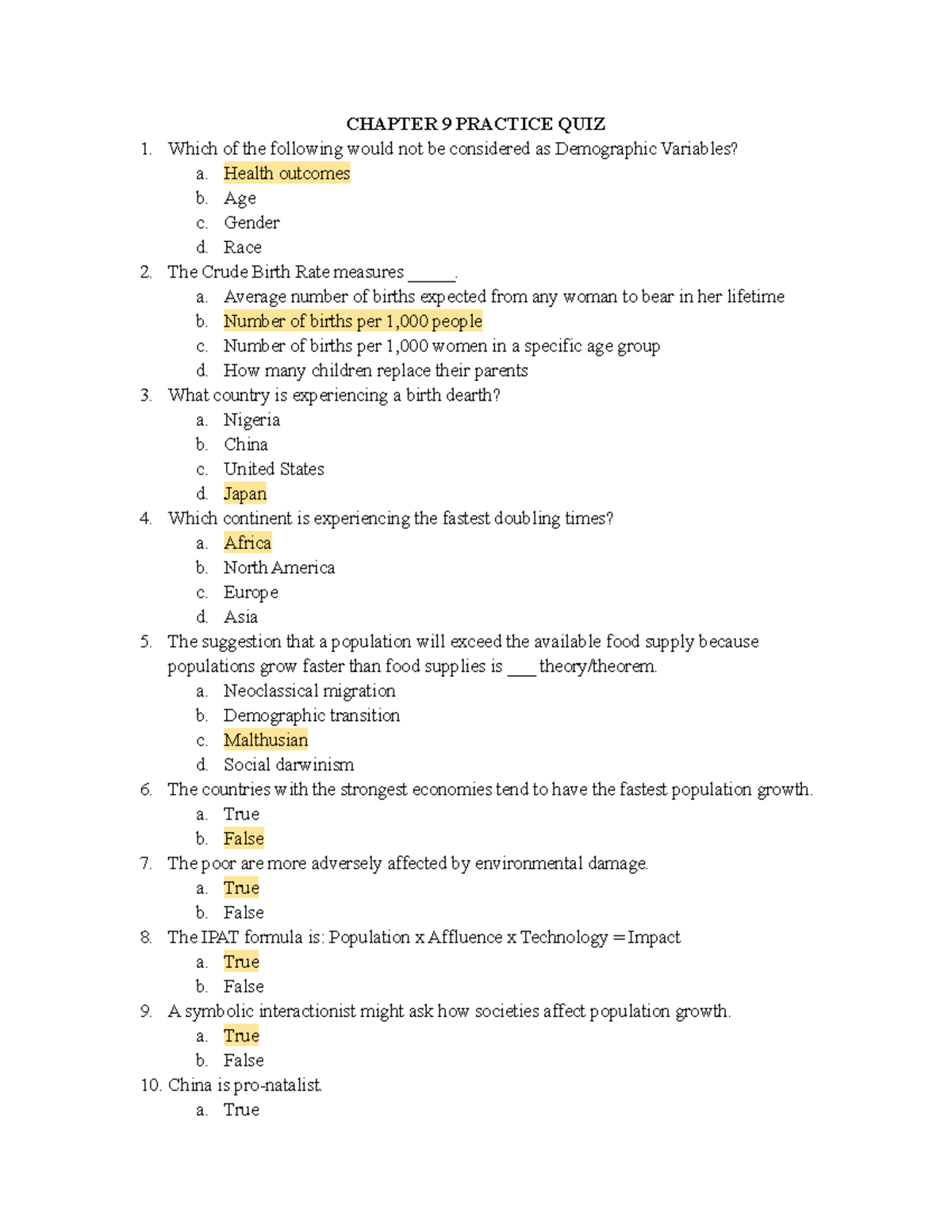 Chapter 9 Practice QUIZ - CHAPTER 9 PRACTICE QUIZ Which Of The ...