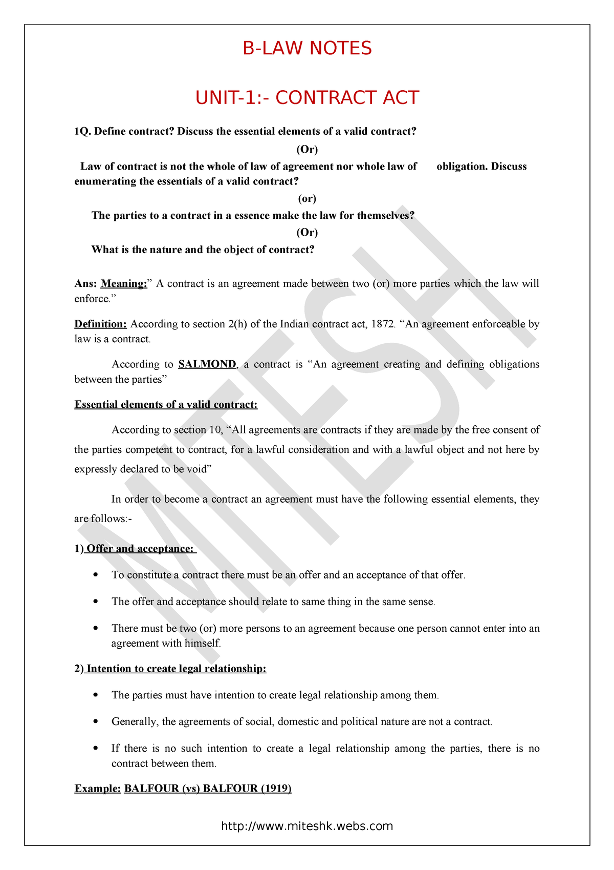 B LAW Notes UNIT 1 Contract ACT - UNIT-1:- CONTRACT ACT 1 Q. Define ...